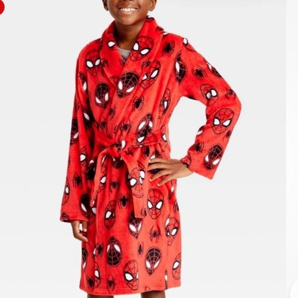 Marvel Spider-Man Kids Fleece Robe Red Blue Mask Print Size 8 Pajamas Loungewear